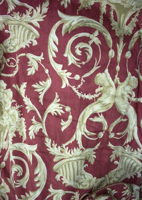 Lot 747 - A pair of red and cream curtains, lined and...