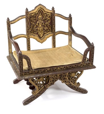 Lot 793 - A Cambodian carved frame throne seat, the back...