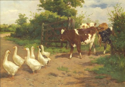 Lot 1007 - Claude Cardon (1864-1937)/Calves and Geese on...