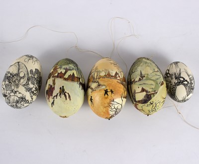 Lot 267 - Five hand painted goose and duck eggs,...