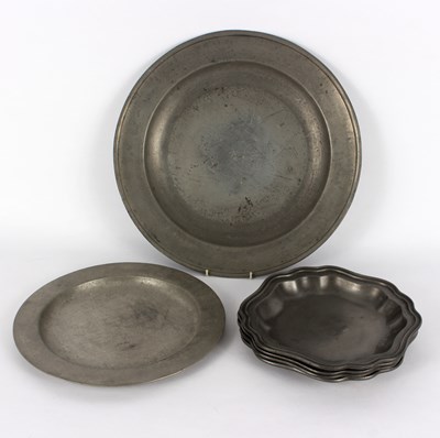 Lot 388 - A pewter charger, 42cm diameter, a pewter...