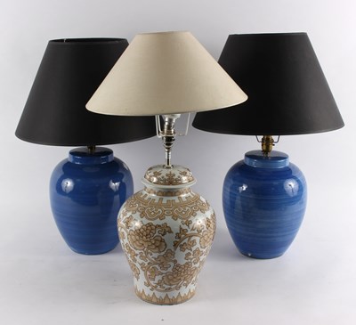 Lot 426 - Two blue pottery lamp bases, 28cm high and...