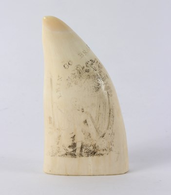 Lot 446 - A scrimshaw tooth with a faded engraving and...