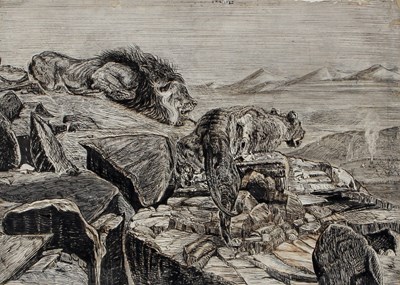 Lot 668 - After Landseer/The Intruders/pen and ink, 25cm...