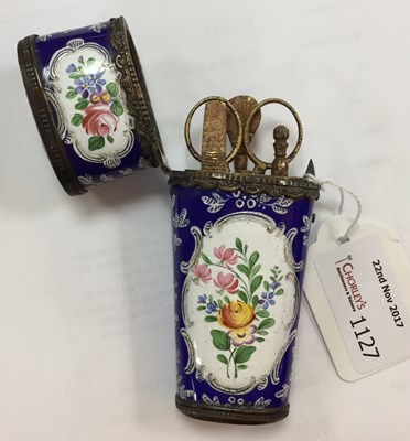 Lot 1127 - A Bilston enamel cased etui decorated floral...