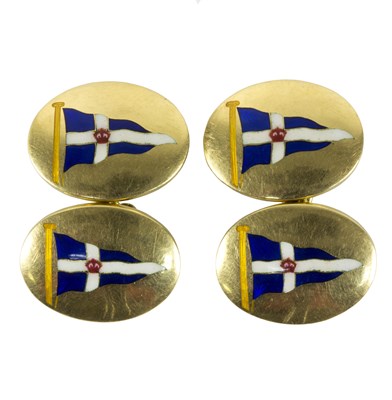 Lot 1155 - A pair of 18ct gold and enamel cufflinks,...