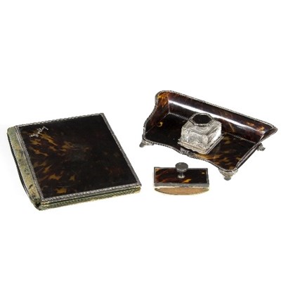 Lot 56 - A silver mounted tortoiseshell ink stand, the...