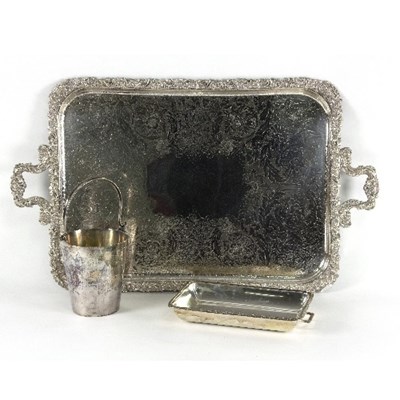 Lot 86 - A large silver plated twin-handled tray, a...