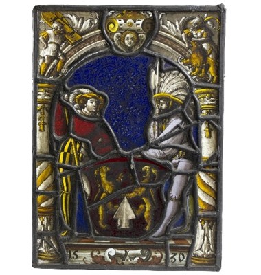 Lot 176 - A stained glass panel, soldiers flanking an...