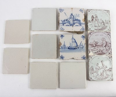 Lot 190 - Three Dutch manganese tiles painted with...