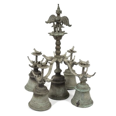 Lot 232 - A Tibetan bronze bell, configuration of five...