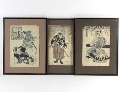 Lot 247 - Three Japanese coloured woodblock prints, size...