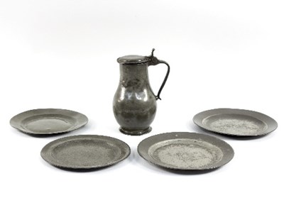 Lot 312 - A pewter lidded measure, 24cm high and four...