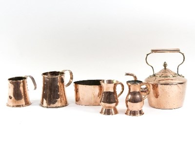 Lot 314 - A copper kettle, two copper mugs, a 2?? pint...