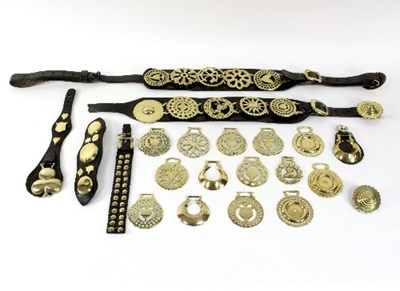 Lot 326 - Two leather straps of five horse brasses, 15...