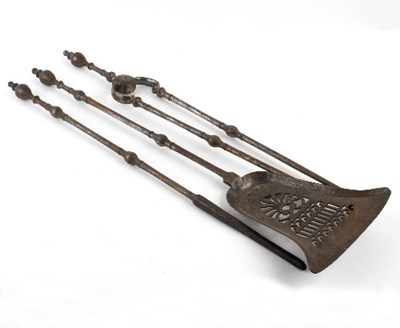 Lot 333 - A set of three burnished steel fire irons,...