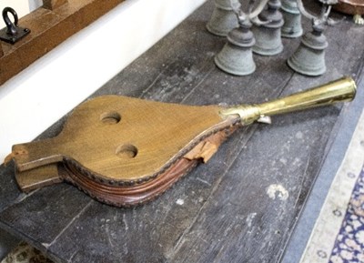 Lot 348 - A pair of elm bellows with brass trumpet...