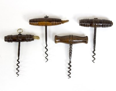 Lot 392 - Four corkscrews with turned lignum handles