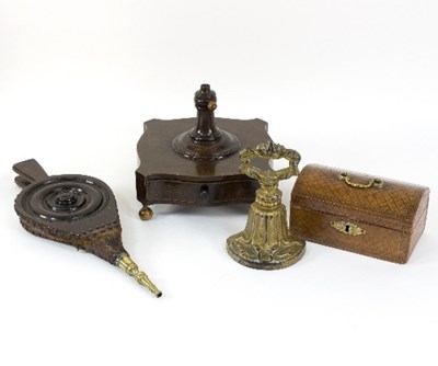 Lot 404 - A pair of bellows with brass nozzle, a leather...