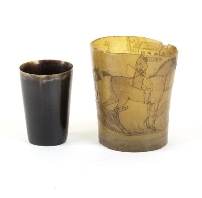 Lot 410 - An engraved horn beaker, 7.5cm high and a...