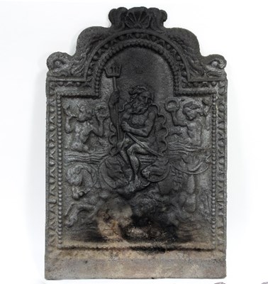 Lot 459 - A cast iron fire back depicting Neptune, 81cm...