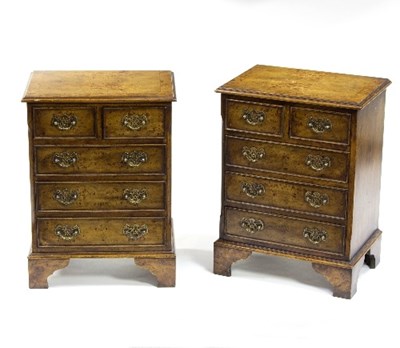 Lot 903 - A pair of burr walnut bedside cabinets, each...