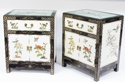 Lot 914 - A pair of Oriental painted bedside tables,...