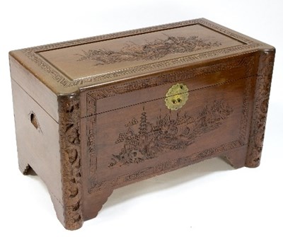 Lot 916 - A Chinese chest with carved hinged cover and...