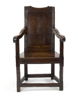 Lot 956 - A 17th Century oak panel back armchair, with...