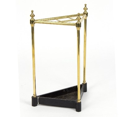 Lot 977 - A brass corner stick stand with iron tray,...