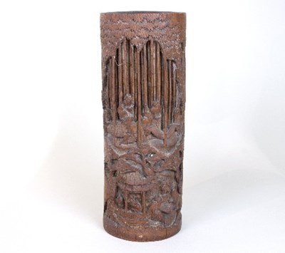 Lot 3 - A Chinese carved bamboo brush pot, late 19th...