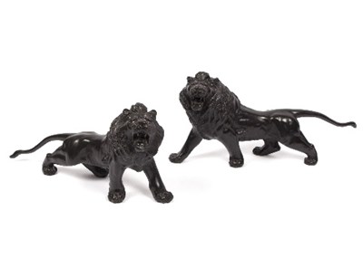 Lot 8 - A pair of Japanese bronze roaring lions, Meiji...