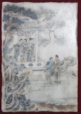 Lot 69 - A Chinese painted stone plaque, depicting...