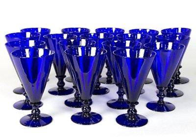 Lot 155 - Seventeen Bristol Blue wine glasses, each with...