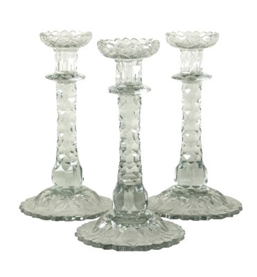 Lot 163 - Lot Withdrawn - Three Irish glass candlesticks,...