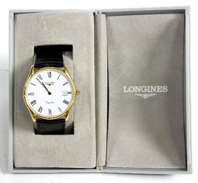 Lot 207 - A Longines quartz wristwatch in a stainless...