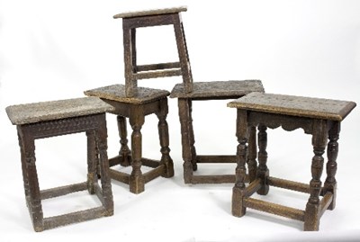 Lot 304 - Five oak joint stools, one 17th Century, the...