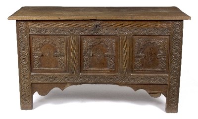 Lot 355 - A 17th Century oak chest, the front with...