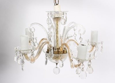 Lot 396 - A five-branch chandelier hung with prismatic...