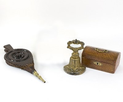 Lot 449 - A pair of bellows with brass nozzle, a leather...