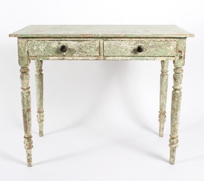 Lot 15 - A pine two-drawer table, painted in cream and...