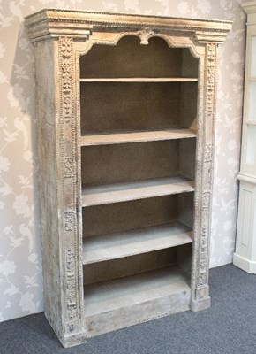 Lot 69 - A grey painted open bookcase with decorative...