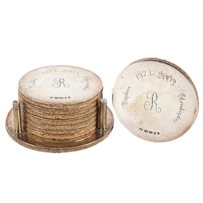 Lot 523 - Eight silver coasters, Guild of Handicraft,...