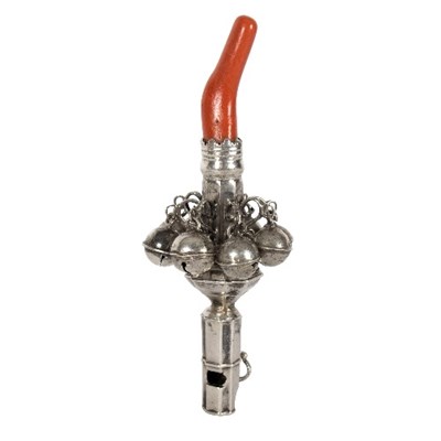 Lot 671 - A George III silver rattle with coral handle,...