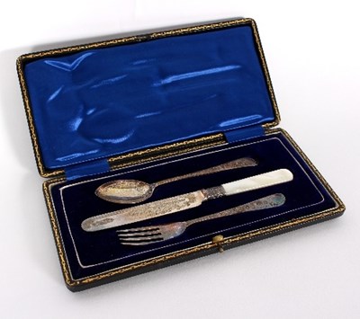 Lot 682 - A Christening knife, spoon and fork, JL & S,...