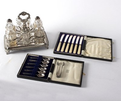 Lot 794 - A silver plated cruet stand of oblong form...