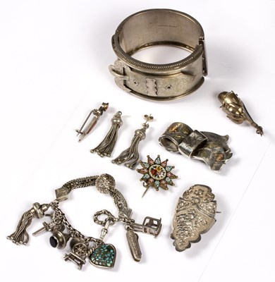 Lot 88 - A Victorian silver buckle bangle, an engraved...