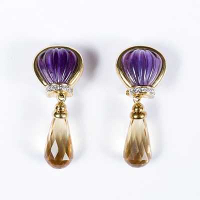 Lot 112 - A pair of amethyst and citrine ear pendants,...