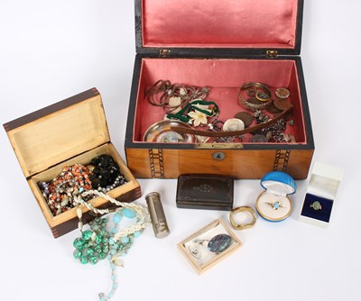 Lot 115 - Sundry costume jewellery in a Victorian walnut...