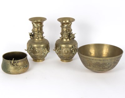 Lot 287 - A Chinese brass bowl, a pair of vases applied...